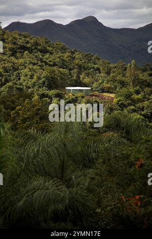 „Sonic Pavilion“ (2009), eine Galerie des US-amerikanischen multidisziplinären Künstlers Doug Aitken, wird in Inhotim von einem Atlantikwald umgeben gesehen. Das Inhotim Institute ist eine private brasilianische Einrichtung, die 2004 von Bernardo Paz, einem im Bergbau tätigen Unternehmer, gegründet wurde. Das 1.000 Hektar große Gelände ist sowohl ein bedeutendes Museum für zeitgenössische Kunst als auch ein botanischer Garten. 23 Pavillons und Galerien sind für die Öffentlichkeit zugänglich und zeigen die Werke von etwa hundert zeitgenössischen Künstlern aus über dreißig Ländern. Stockfoto