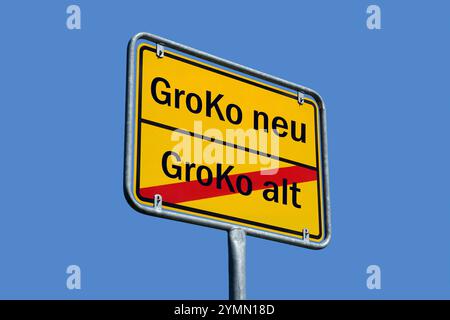 Ortsschild mit GroKo neu und GroKo alt, 22.11.2024, Borkwalde, Brandenburg, in einem Ortsschild befindet sich der Schriftzug GroKo neu und GroKo alt *** Ortsschild mit GroKo neu und GroKo alt mit GroKo neu und GroKo alt, 22 11 2024, Borkwalde, Brandenburg, in einem Ortsschild ist die Schrift GroKo neu und GroKo alt Stockfoto