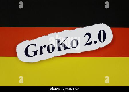 Deutschlandfahne und GroKo 2,0 Deutschlandfahne und GroKo 2,0, 22.11.2024, Borkwalde, Brandenburg, auf einer Deutschlandfahne liegt der Schriftzug GroKo 2,0. *** Deutsche Flagge und GroKo 2 0 Deutsche Flagge und GroKo 2 0, 22 11 2024, Borkwalde, Brandenburg, auf einer deutschen Flagge liegt die Schrift GroKo 2 0 Stockfoto