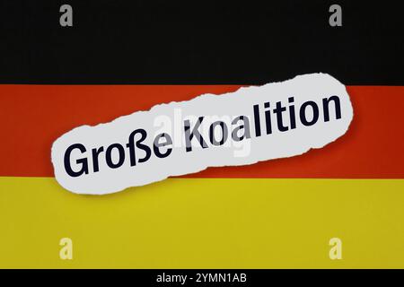 Deutschlandfahne und große Koalition Deutschlandfahne und große Koalition, 22.11.2024, Borkwalde, Brandenburg, auf einer Deutschlandfahne liegt der Schriftzug große Koalition. *** Deutsche Flagge und große Koalition Deutsche Flagge und große Koalition, 22 11 2024, Borkwalde, Brandenburg, auf einer deutschen Flagge liegt die Aufschrift große Koalition Stockfoto