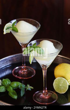 Zwei frische Zitronensorbets in Cocktailgläsern mit Limettenbasil und Minze auf schwarzem Tablett Stockfoto