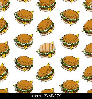 Burgersalat, Tomaten, Zwiebelringe, Sesambrötchen, Chees Fast Food nahtlose Muster. Hintergrund des Burger Day. Isolierte Vektor-Illustration Hintergrundbild, Verpackung oder Web-Werbeaktion, Menü- oder Themenkarten, Medienbeiträge Stock Vektor