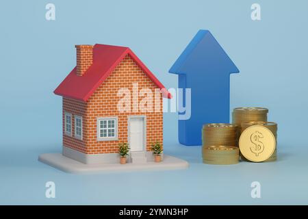 Miniaturhaus neben Münzen mit Dollarzeichen und aufsteigendem Pfeil. Immobilieninvestitionskonzept. 3D-Abbildung. Stockfoto
