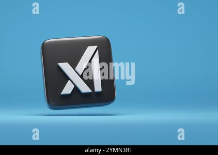 Buenos Aires, Argentinien - 15. November 2024: XAI-Logo in drei Dimensionen isoliert auf blauem Hintergrund mit Kopierraum. 3D-Abbildung. Stockfoto