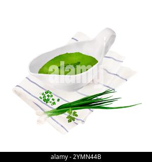 Grüne Soße mit einem Zweig Petersilie auf einem Küchentuch in einem Porzellan-Sauceboat. Digitale Illustration mit Aquarell. Pesto-Sauce in einem Glasbecher und einem Brötchen Stockfoto