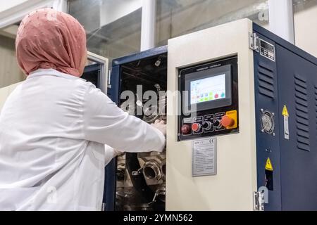 Forscher testen in einer Analysemaschine in einem Forschungs- und Entwicklungslabor. Stockfoto