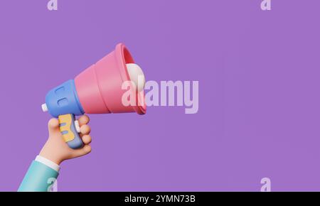 Illustration eines Hand haltenden Megaphons auf violettem Hintergrund für Promotion, Verkaufsrabatt Stockfoto