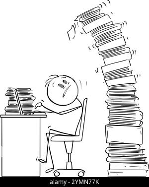 Überarbeiteter Büroangestellter, der am Computer arbeitet, Vektor-Cartoon-Stabfigur oder Charakterillustration. Stock Vektor