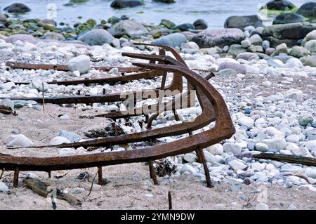 Schiffswrack am Strand des Naturschutzgebiets Trollskogen / Zauberwald. Es liegt an der Nordspitze der Insel Öland. Öland, Schweden schweden 2017 - 27 *** Schiffswrack am Strand des Naturschutzgebiets Trollskogen Zauberwald es befindet sich an der Nordspitze der Insel Öland, Schweden Schweden 2017 27 Stockfoto