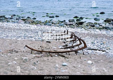 Schiffswrack am Strand des Naturschutzgebiets Trollskogen / Zauberwald. Es liegt an der Nordspitze der Insel Öland. Öland, Schweden Schweden 2017 - 26 *** Schiffswrack am Strand des Naturschutzgebiets Trollskogen Zauberwald es befindet sich an der Nordspitze der Insel Öland, Schweden Schweden 2017 26 Stockfoto