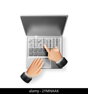 3D-Comic-Laptop und Hände isoliert. Rendern Sie das Notebook-LCD-Display mit leerem Bildschirm. Symbol für Mobilgerät. Technologiekonzept. Stock Vektor