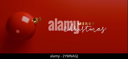 Weihnachtliches horizontales Etikett, auf rotem Hintergrund mit roter Weihnachtsbaumkugel in handgeschriebenen Schrifttexten. 3D-Rendering, Banner. Ideal für Weihnachtskarten Stockfoto