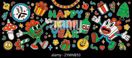 Groovige „Happy New Year“-Aufkleber mit Weihnachtsmann, Weihnachtsbaum, Geschenkfigur, Uhr und anderen Designelementen im Retro-Vintage-Cartoon-Stil. Stock Vektor
