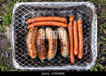 Würstchen verschiedener Größen werden auf den Kohlen eines Einweg-Grills gebraten Stockfoto