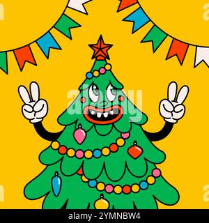 Weihnachtskarte im Retro-Stil mit groovigem Weihnachtsbaum. Grooviger Vintage-weihnachtsbaum mit glücklichem Gesicht. Ideal für Weihnachten und Neujahr Stock Vektor