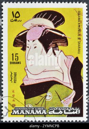 Gestempelte Briefmarke von Manama, die das Gemälde Segawa Kikunojo III von Sharaku, Gemälde von Toshusai Sharaku, um 1972 zeigt. Stockfoto