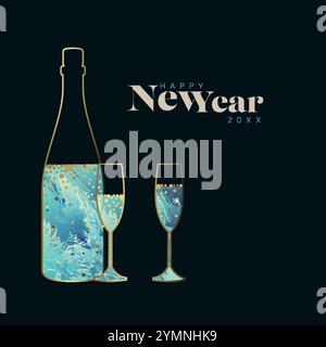Minimalistischer Neujahrsfeier-Flyer-Karte mit Champagnerflasche und Gläsern auf dunkelblauem Hintergrund und blauem Inhalt Stock Vektor
