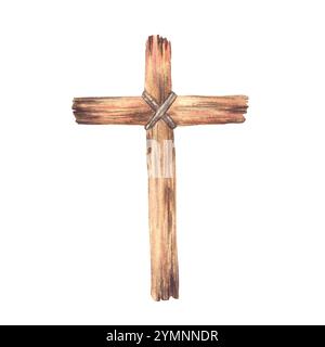 Holzkreuz mit einem Seil gebunden. Aquarell altes rustikales christliches Kreuz. Handgemalte Illustration katholisches oder orthodoxes religiöses Kirchensymbol für die Stockfoto