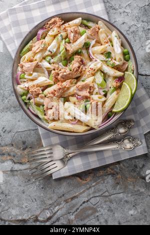 Cremiger Thunfisch-Pasta-Salat mit grünen Erbsen, Zwiebeln, Sellerie und Joghurtdressing auf dem Teller auf dem Tisch. Vertikale Draufsicht von oben Stockfoto