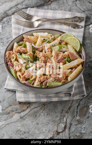 Cremiger Thunfisch-Pasta-Salat mit grünen Erbsen, Zwiebeln, Sellerie und Joghurtdressing auf dem Teller auf dem Tisch. Vertikal Stockfoto