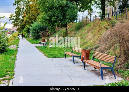 Zwei Holzbänke und ein Abfalleimer auf einem Weg in einem Stadtpark. Stockfoto