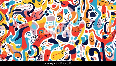 Farbenfroher handgezeichneter Hintergrund, im Stil organischer Formen und geschwungener Linien, bridget riley, Karnevalcore, minimalistische Umrisse Stock Vektor