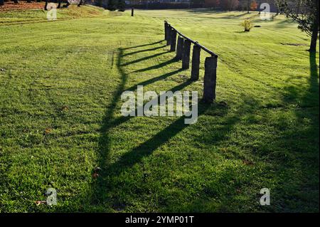 Anhängepfosten – Stangen zum Binden von Pferden auf einem grasbewachsenen Feld bei weicher Sonneneinstrahlung, mit einer Reihe von Holz- oder Steinpfählen mit horizontaler Schiene Stockfoto