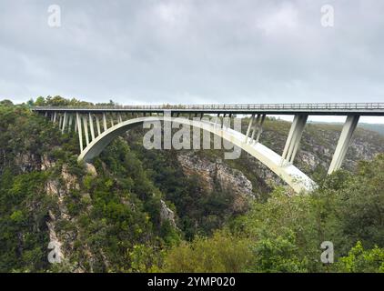 Bloukrans Bridge entlang der Garden Route in Südafrika, bewölkter Himmel. Eine Bogenbrücke, berühmt für Bungee-Jumping Stockfoto