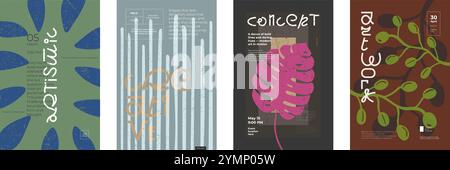 Abstrakte Vorlagen für fettgedruckte Poster. Einfache bunte organische Blattformen und kreative moderne Typografie. Mischung aus Brutalismus, Minimalismus und Postmoderne. Ankündigung von Ausstellungen oder Veranstaltungen zeitgenössischer Kunst Stock Vektor