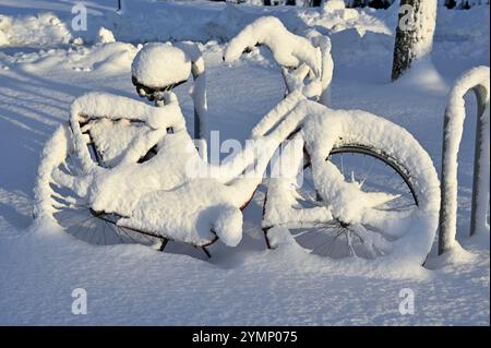 Ein schneebedecktes Fahrrad, das in einem Fahrradträger geparkt ist, komplett von dichtem, frischem Schnee umhüllt. Die ruhige Winterkulisse, mit dem Sonnenlicht, das lange Sha ausstrahlt Stockfoto
