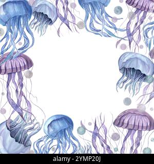 Schwimmende Quallen unter Wasserblasen handbemalter quadratischer Rahmen in Aquarellfarben. Blaue und violette medusa-Illustration mit leerem Platz für Text. Stockfoto