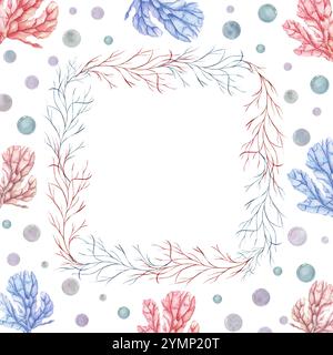 Unterwasserrosa, blaue Korallen, Pflanzen, Wasserblasen quadratischer Rahmen. Lagune Unterwasser farbige Polypen Illustration mit Kopierraum für Text. Für Stockfoto