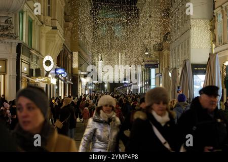 Wien, Österreich. November 2024. Passanten spazieren unter der Weihnachtsbeleuchtung in der Luxuseinkaufsstraße Kohlmarkt in Wien am 21. November 2024./// Passanten gehen unter der Weihnachstbeleuchtung in der Luxus Einkaufstraße Kohlmarkt in Wien am 21. November 2024. - 20241121 PD17104 Credit: APA-PictureDesk/Alamy Live News Stockfoto