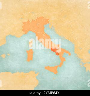 Kampanien auf der Karte Italiens in weichem Grunge und Vintage-Stil, wie altes Papier mit Aquarellmalerei. Stockfoto
