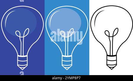 Elektrische Glühlampe für Geschäftsidee, drei Glühlampen Set Blau, Himmelblau und weißer Hintergrund Stock Vektor