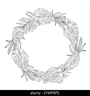 Vektor monochrome Monstera und Palmenpflanze Vektorkranz mit leerem Platz für Text. Tropische Areca, Cycas House Plant Art, schwarze Tinte Skizze. Blumenmuster Stock Vektor