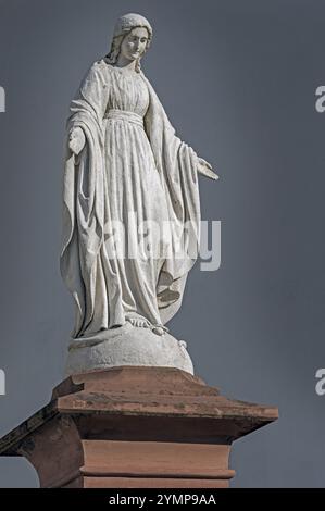 Mariensäule an der ehemaligen Stiftskirche St. Peter, römisch-katholische Pfarrkirche, Bad Waldsee, Oberschwaben, Baden-Württemberg, Deutschland Stockfoto