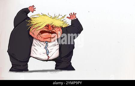 Kunstkarikatur, lustig, humorvoll, ehemaliger britischer Premierminister des Vereinigten Königreichs, Boris Johnson (Alexander Boris de Pfeffel Johnson), Autor, Abgeordneter Stockfoto