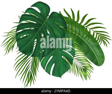 Sommerliche tropische Komposition mit Palmblättern und exotischen Pflanzen. Exotisches botanisches Design mit Dschungelpflanzen für Banner, Poster. Vektorabbildung Stock Vektor