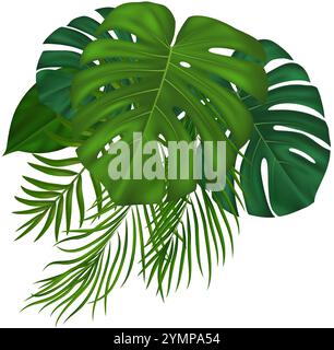 Realistische tropische grüne Blätter. Helle tropische Designelemente für grüne botanische Einladungen, natürliches Kartendesign. Vektorabbildung Stock Vektor