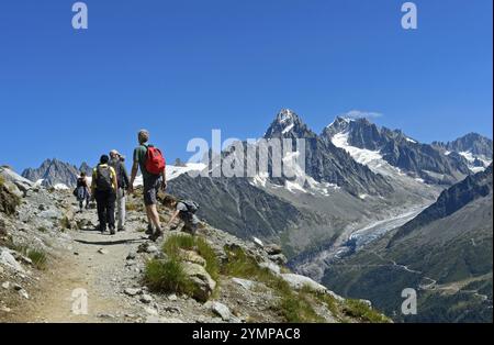 Wanderer im Wandergebiet Chamonix auf dem Weg zum Bergsee Lac Blanc, rechts die Gipfel Aiguille du Chardonnet und Aiguille d'Argentiere Stockfoto