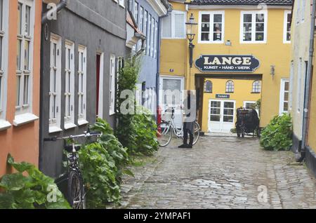 Kopfsteinpflasterstraße in der Altstadt von Aalborg, Jütland, Dänemark, Skandinavien, Europa Stockfoto