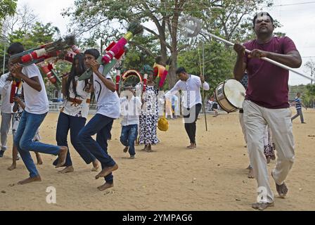 Sri-lankische Pilger tanzen im buddhistischen Tempel Ruhunu Maha Kataragama Dewalaya, Kataragama, Provinz Uva, Sri Lanka, Asien Stockfoto