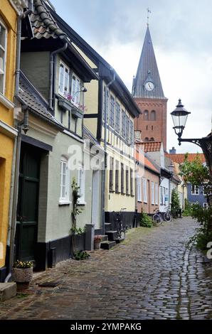 Kopfsteinpflasterstraße in der Altstadt von Aalborg, Jütland, Dänemark, Skandinavien, Europa Stockfoto