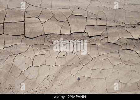 Trockener, rissiger Sandlehmschmutz, Überkopfschuss Stockfoto