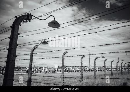 Stacheldrahtzaun in einem deutschen Konzentrationslager aus dem Zweiten Weltkrieg Stockfoto