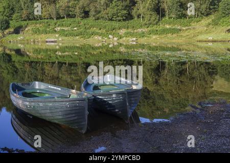 Ruderboote am Watendlath Tarn in der Seenplatte Cumbria Stockfoto