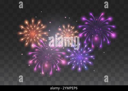 Buntes, mehrfarbiges, festliches Feuerwerk auf transparentem Hintergrund. Vektorabbildung Stock Vektor