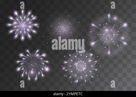 Weißes, silbernes, festliches Feuerwerk auf transparentem Hintergrund. Vektorabbildung Stock Vektor