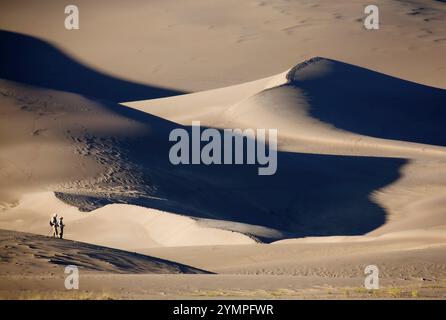 Ein Paar entführt in die wüstenartige Landschaft des Great Sand Dunes National Park in Colorado, wo majestätische Dünen auf zerklüftete Berge treffen. Stockfoto